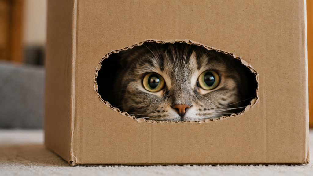 A cat hiding in a box and peeking out, feeling safe and secure