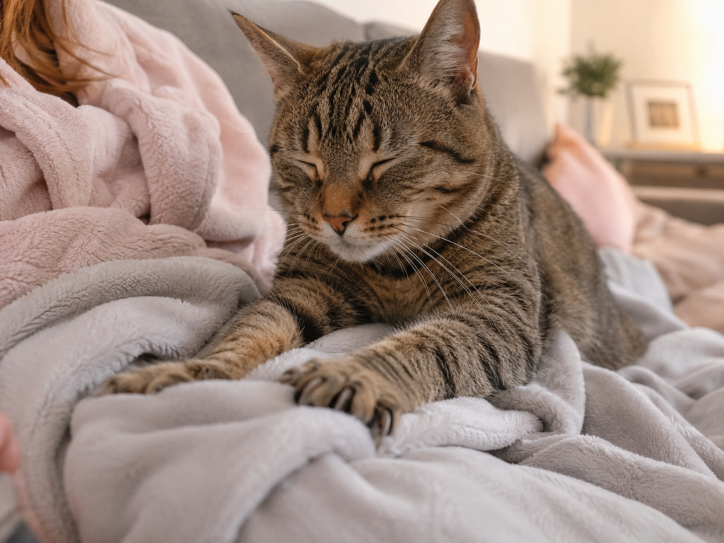 A cat making biscuits on its owner's lap as a sign of affection and trust
