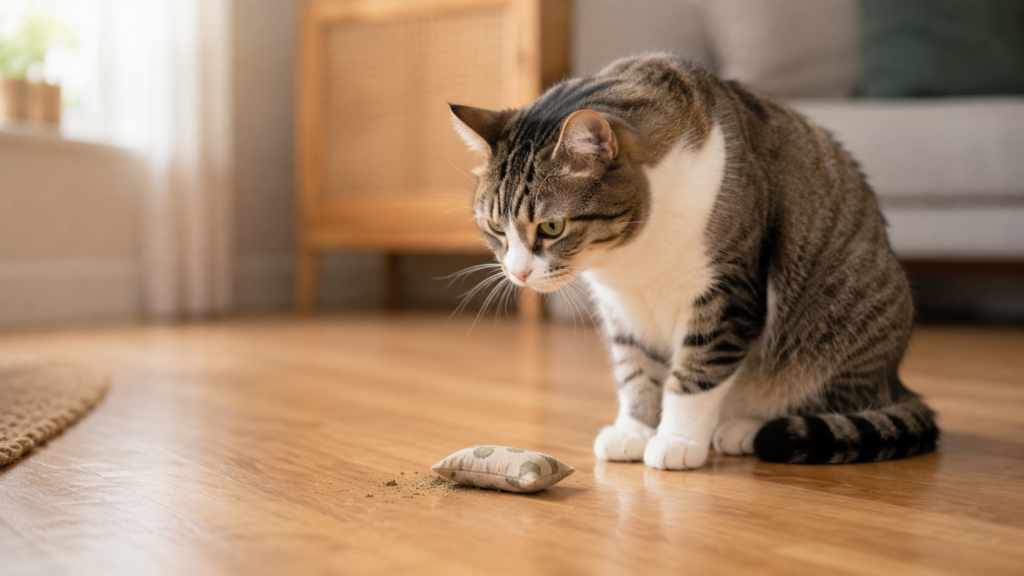 A cat sniffing a catnip toy with little reaction, since not all cats respond to catnip