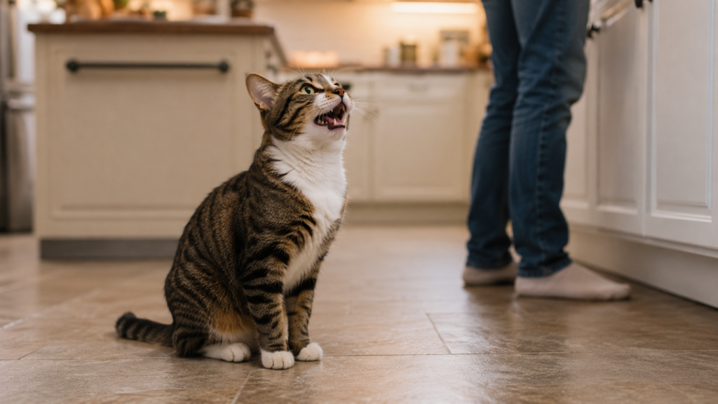 A cat meowing at its owner for food, an example of learned begging behaviour