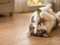 A cat rolling blissfully with a catnip toy, showing what catnip does to cats