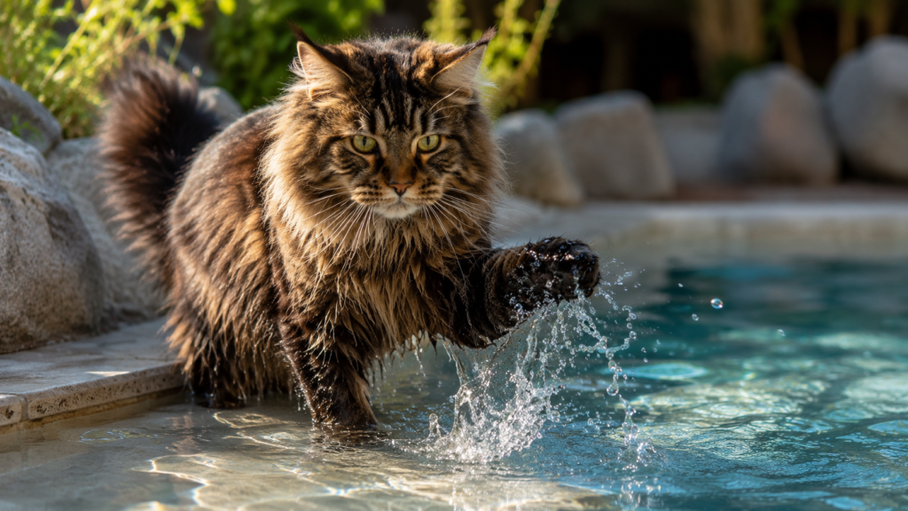 A Maine Coon playing with water, one of the cat breeds that likes water