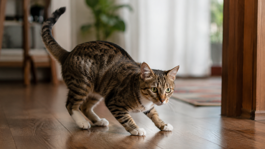 A cat landing on all four paws after a jump