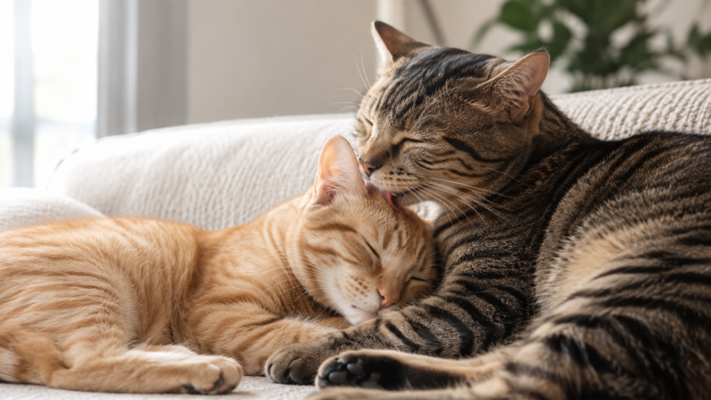 Two cats grooming each other around the head and neck
