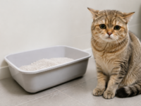 cat sitting next to its litter box, illustrating why a cat may pee everywhere