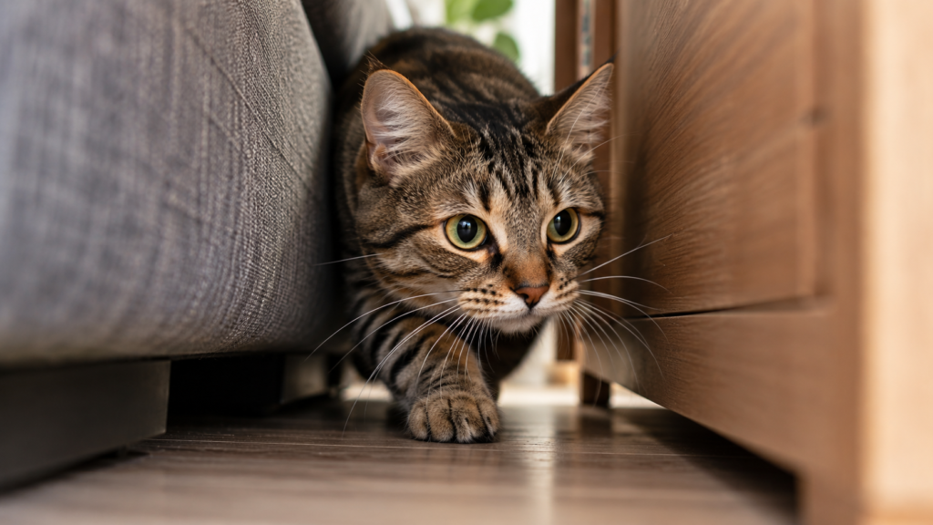 A cat easing through a narrow gap with whiskers swept forward