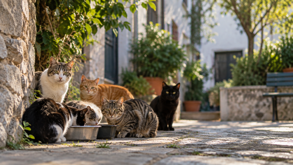 A colony of cats gathered around a feeding station