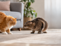Two cats in a tense standoff with ears back