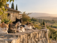 A group of cats resting together on a sunlit wall