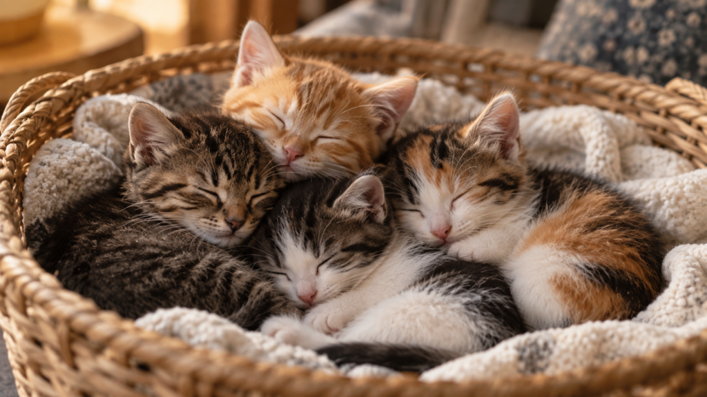 A kindle of kittens curled up asleep together